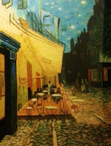 刺繡畫  作品: 星光夜間咖啡屋 作品原創人: 梵谷